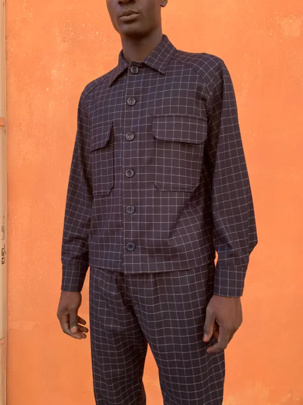 BALIO - JACKET SHIRT - Wool Check Navy stripe Light Grey sold by Camo