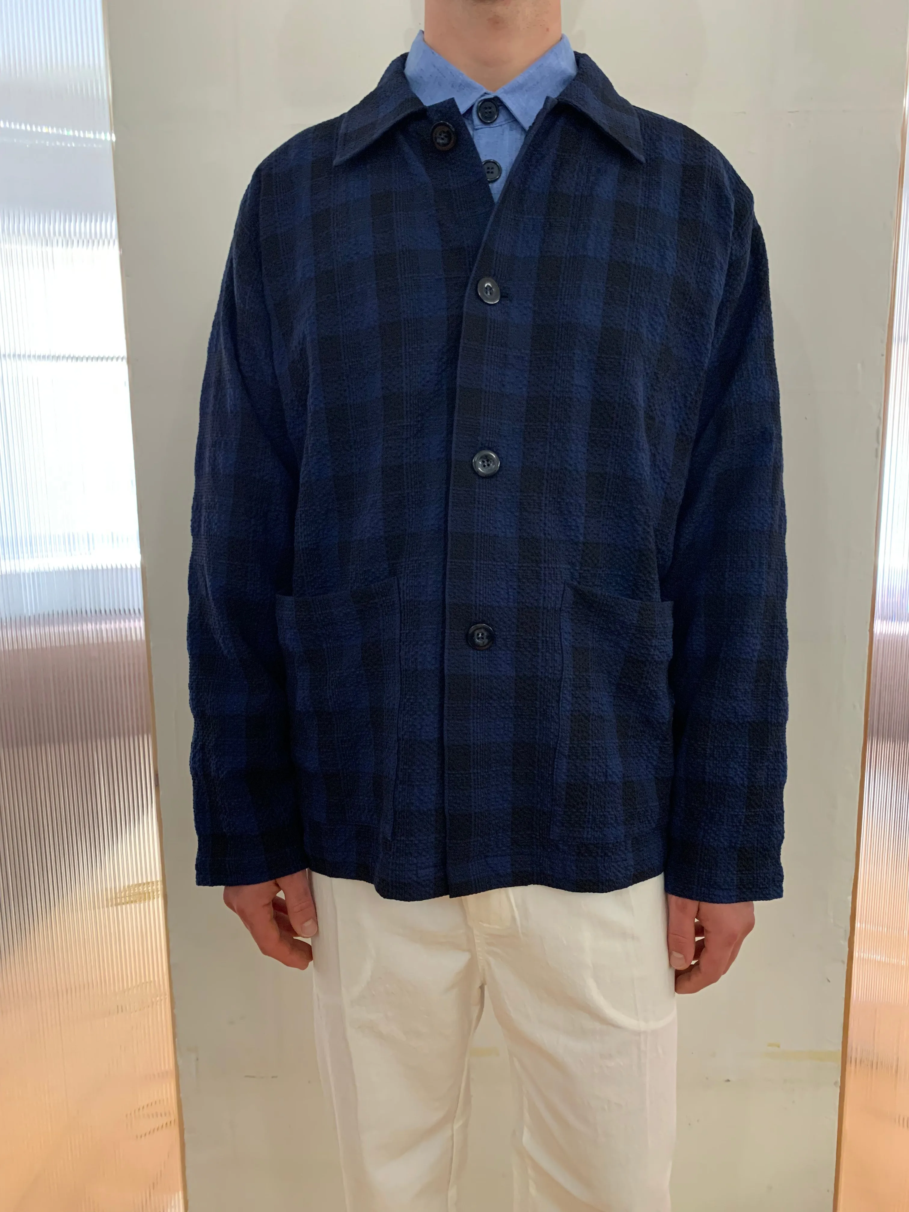 TISSERAND - AIR WIDE JACKET - Seersucker Check Navy/Blue/Black sold by Camo