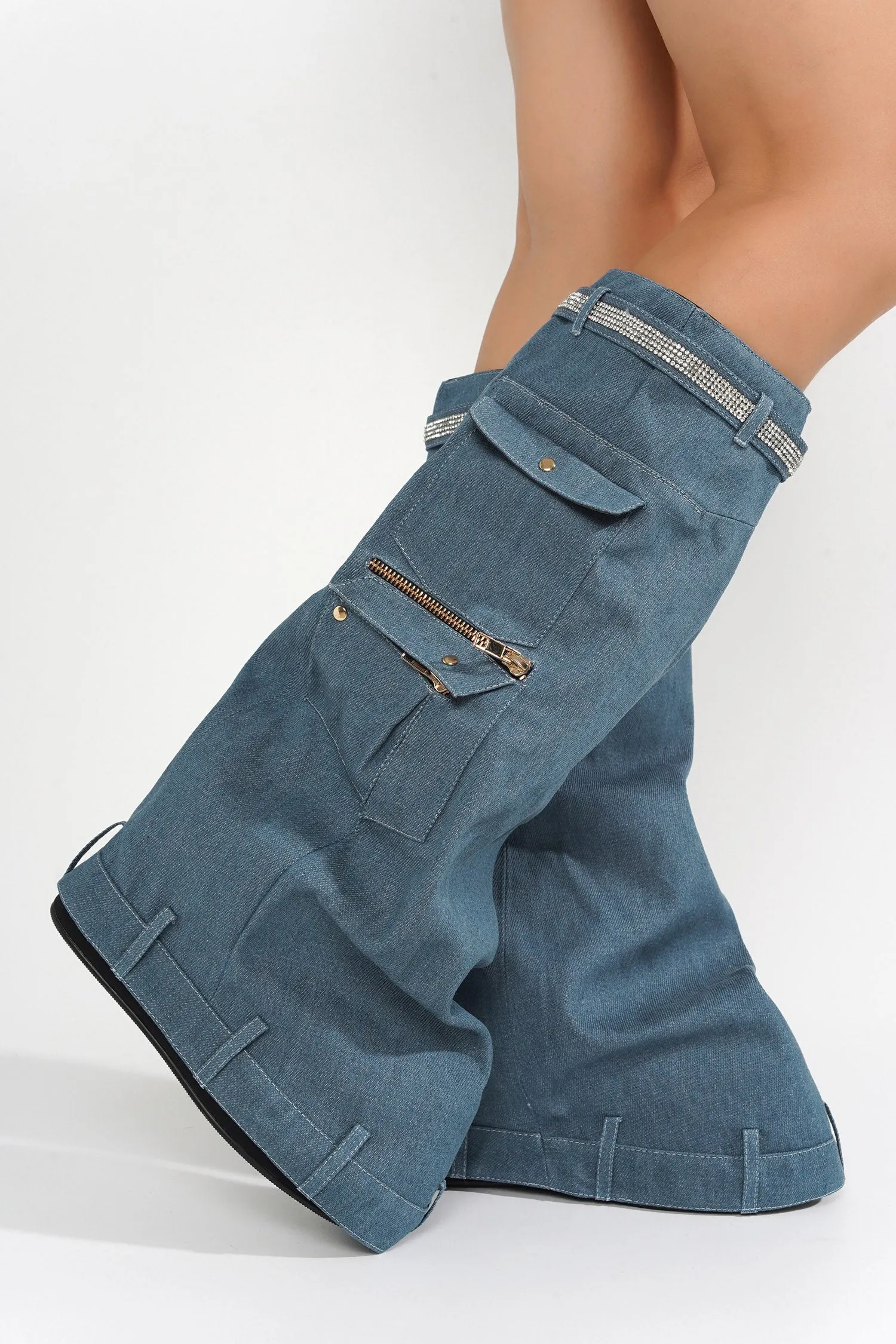 Pueblo Rhinestone Fold Over Denim Boots sold by Cape Robbin product image thumbnail 4