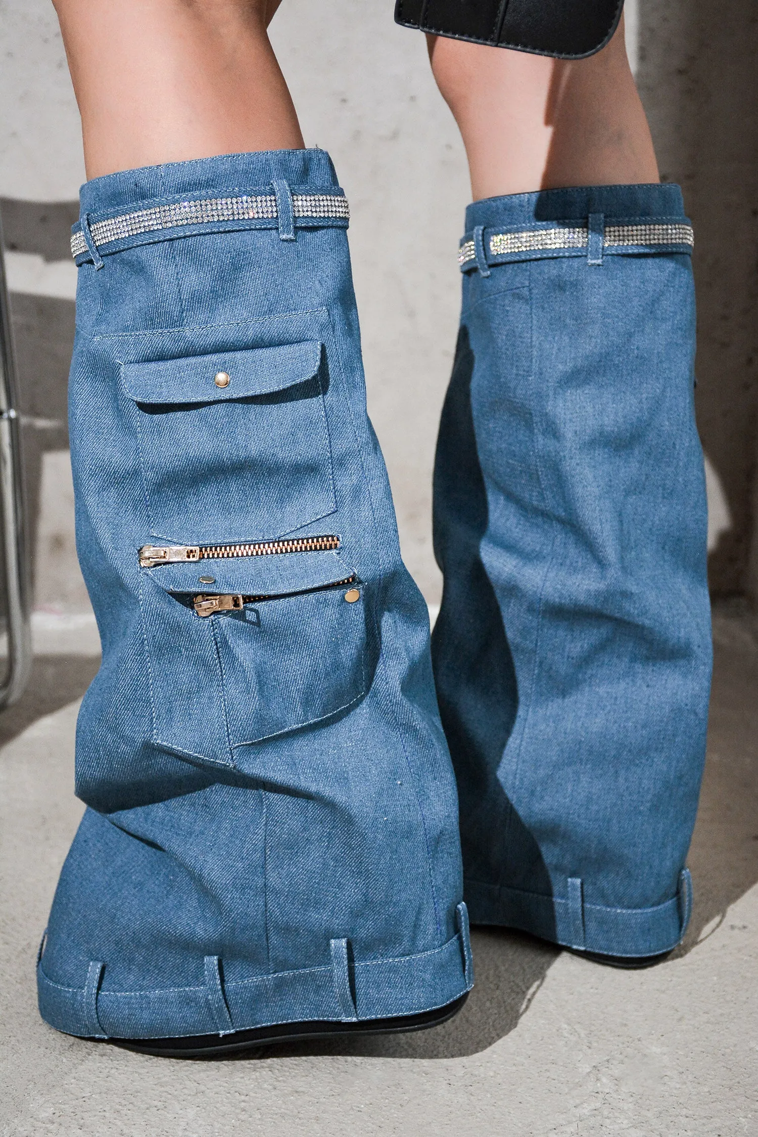 Pueblo Rhinestone Fold Over Denim Boots sold by Cape Robbin