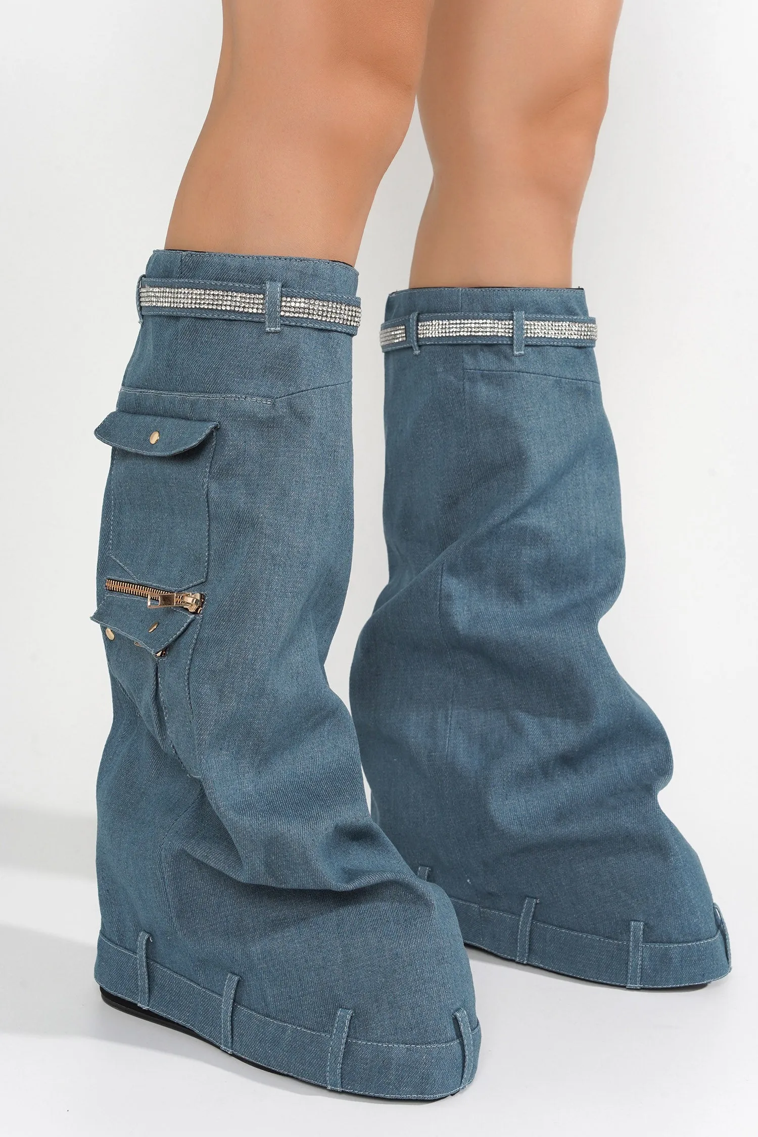Pueblo Rhinestone Fold Over Denim Boots sold by Cape Robbin product image thumbnail 5