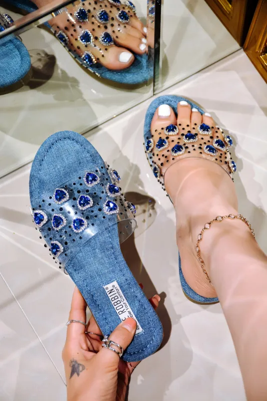 Roana Open Toe Bedazzled Flat Sandals - Denim sold by Cape Robbin