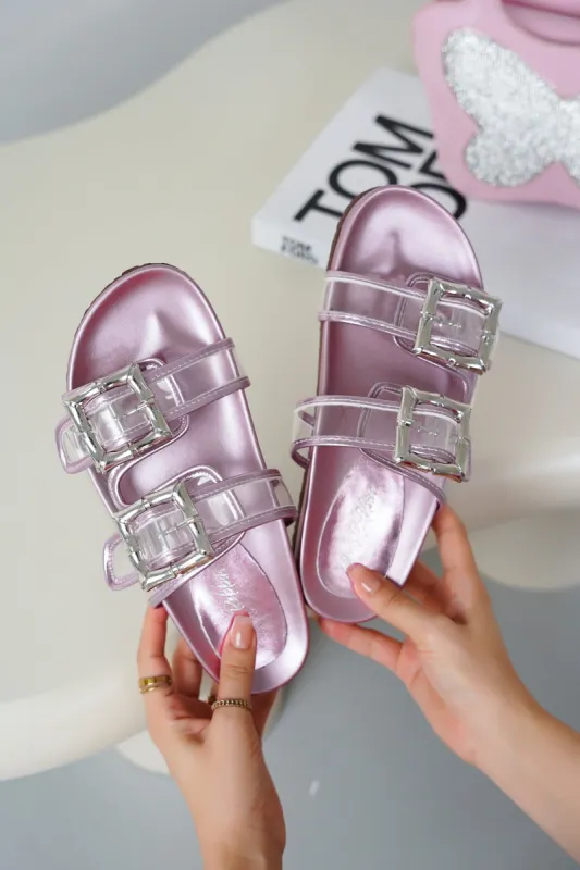 Rica Round Toe Metallic Slide Sandals - Pink sold by Cape Robbin