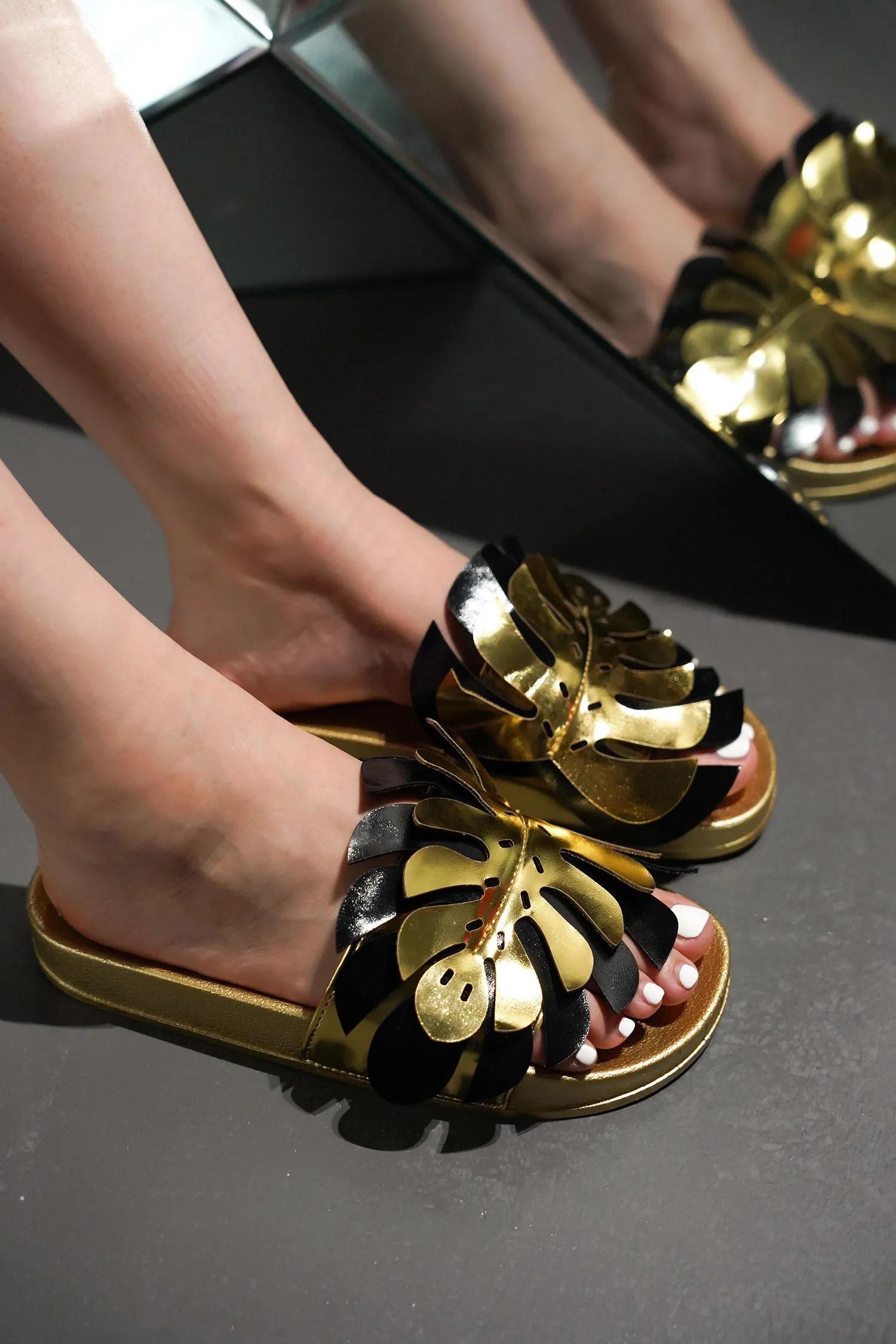 Sharai Leaf Metallic Slip On Sandals - Gold sold by Cape Robbin