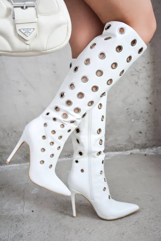 Ames Eyelets Knee-Length High Heel Boots - White sold by Cape Robbin