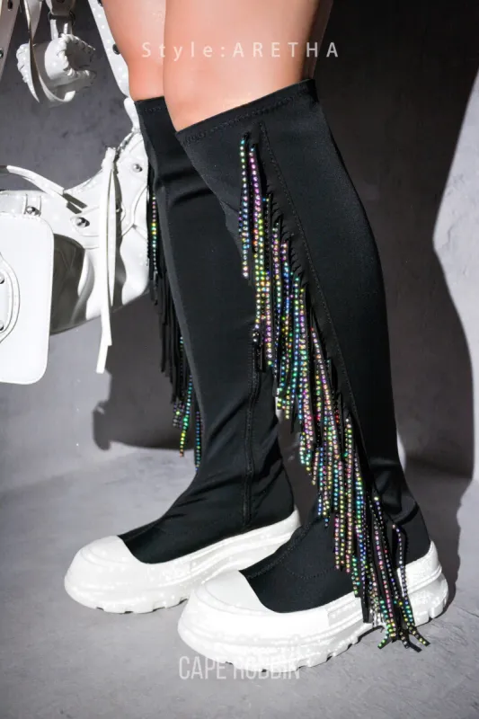 Aretha Fringe Rhinestone Thigh High Boots - Black sold by Cape Robbin