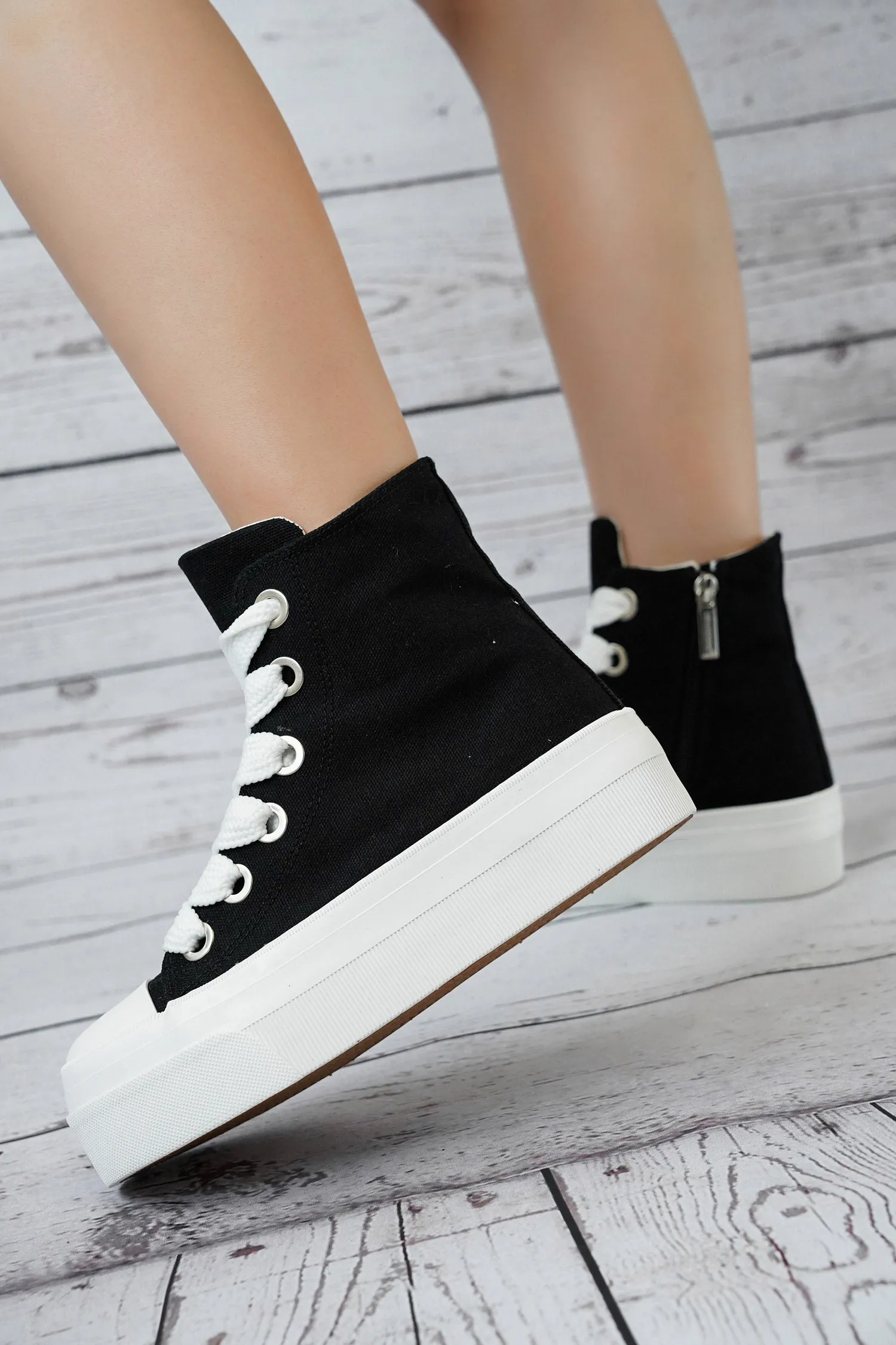 Zitella High-top Thick Lace Canvas Sneaker - Black sold by Cape Robbin