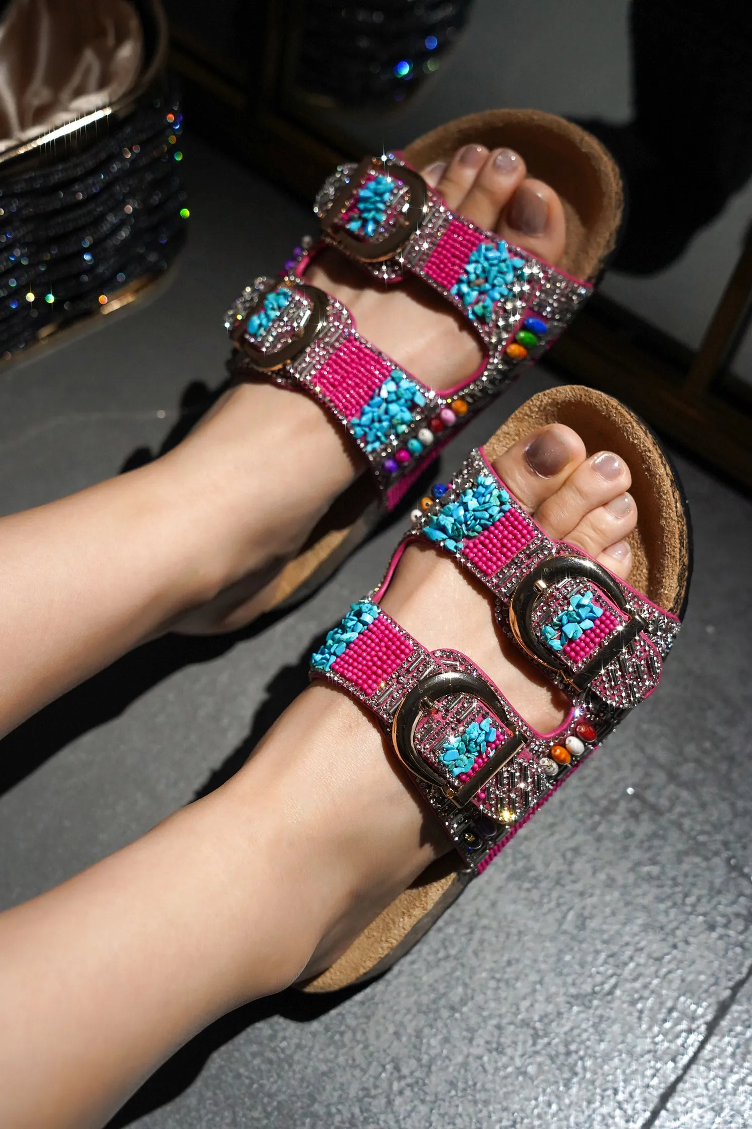 Zarla Rhinestone Buckle Open Cork Sandals - Pink sold by Cape Robbin