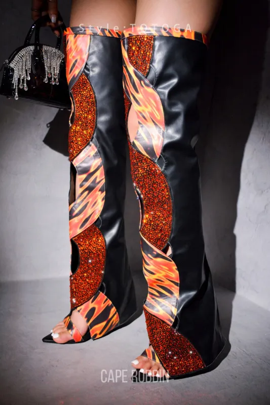 Totoga Embellished Flame Cutout Thigh-High Boots - Red sold by Cape Robbin