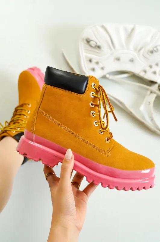 Gretna Color-Block Lace-up Boots - Pink sold by Cape Robbin