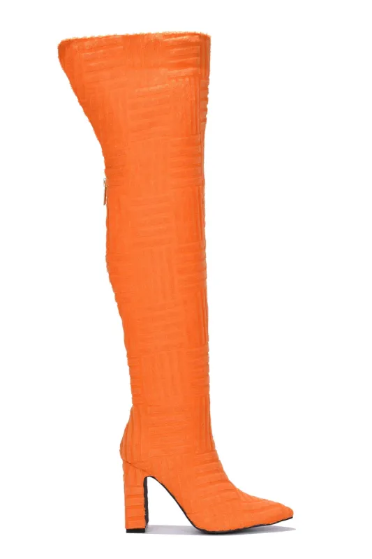 Katagat Pointy Toe Thigh High Block Heels - Orange sold by Cape Robbin