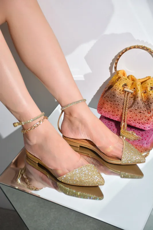 Blossoms Rhinestone Coated Metallic Flats - Gold sold by Cape Robbin