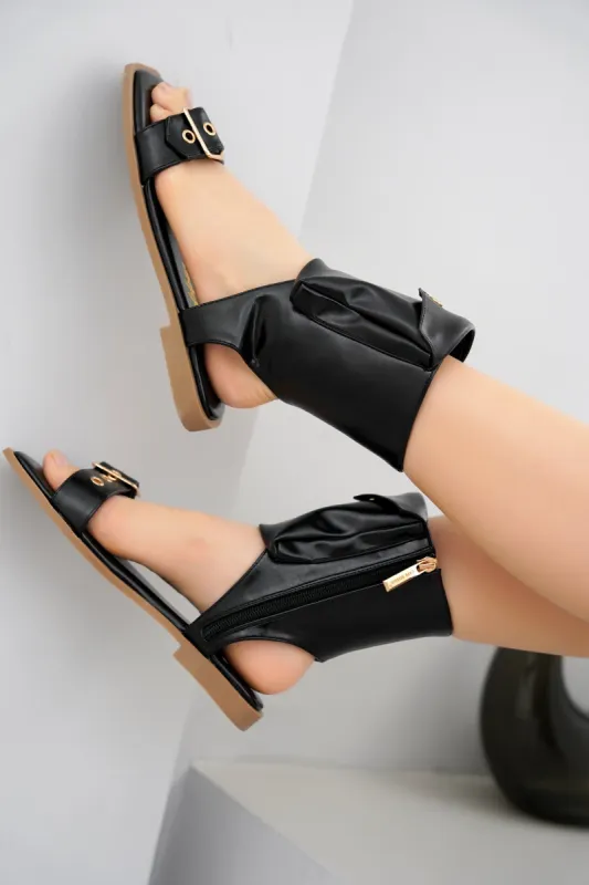 Natalie Metallic Pouch Buckle Ankle Strap Square Toe Sandals - Black sold by Cape Robbin
