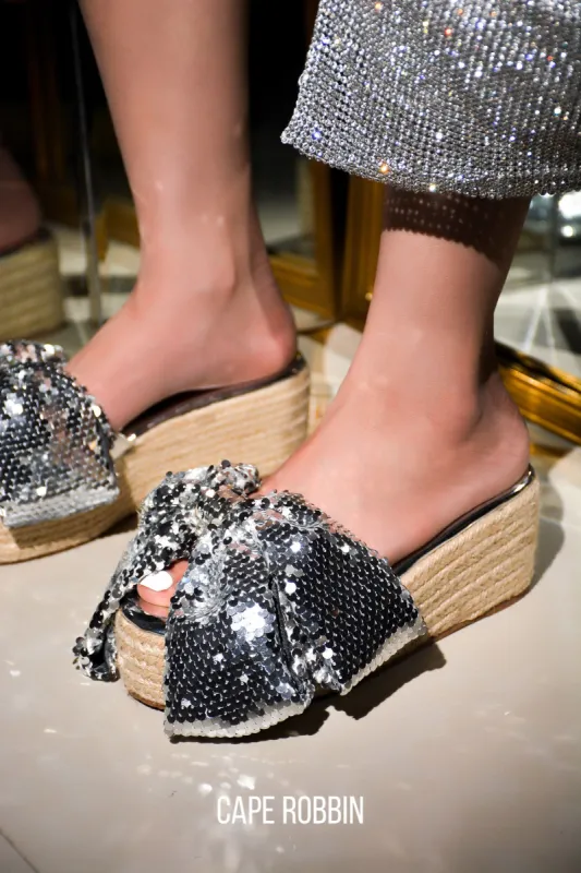 Watiz Bow Sequin Platform Espadrilles - Silver sold by Cape Robbin
