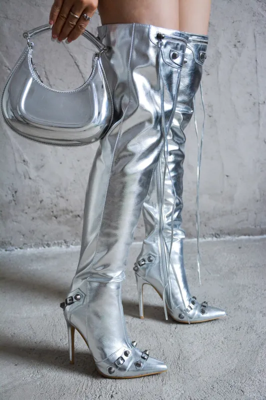 Pofin-2 Metallic Thigh High Pointy Toe Boots - Silver sold by Cape Robbin