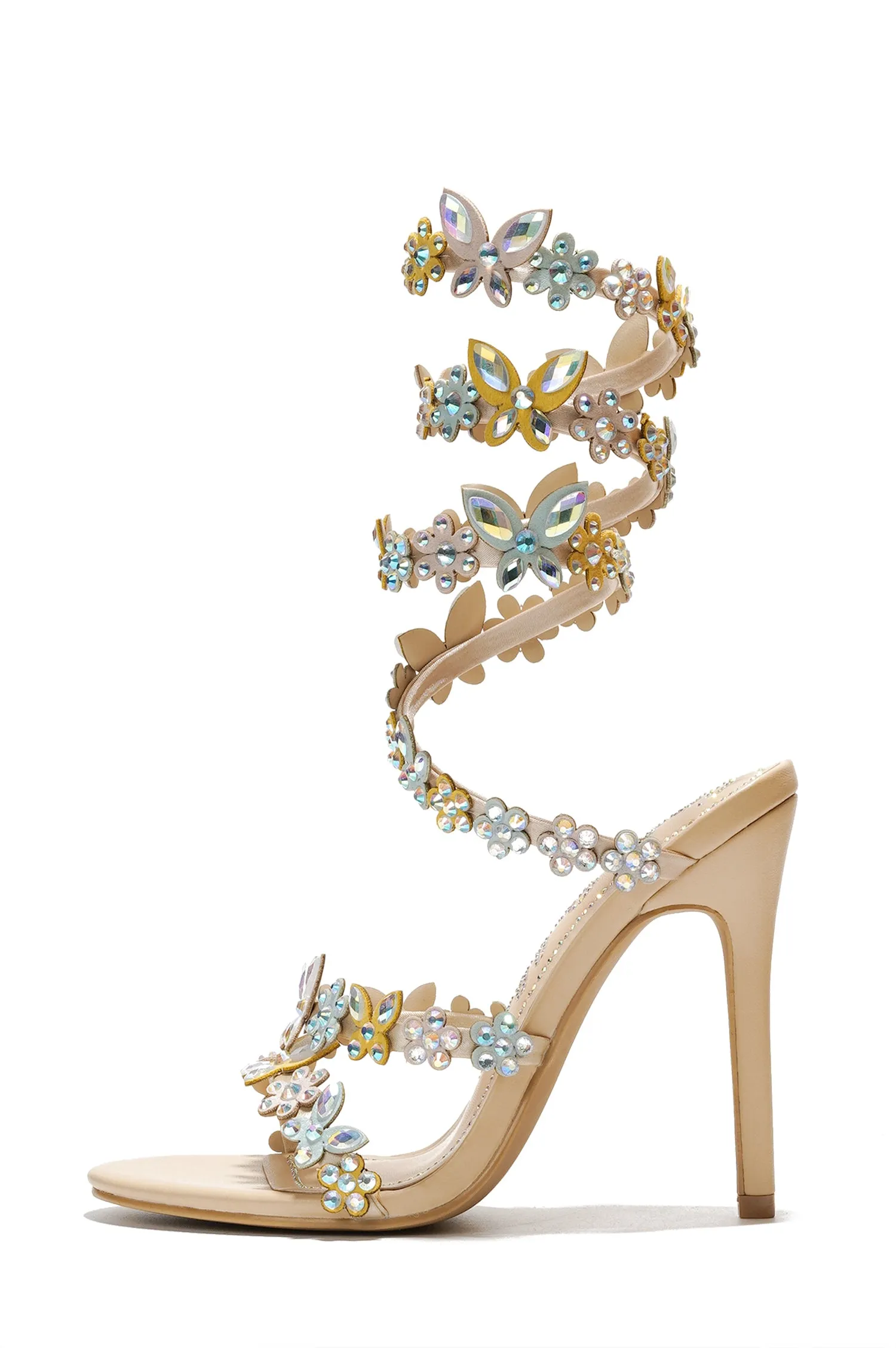 Mariposa Rhinestone Floral Embellished Stiletto High Heel Sandals - Beige sold by Cape Robbin product image thumbnail 2