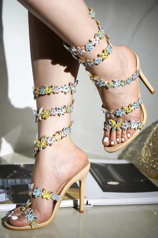 Mariposa Rhinestone Floral Embellished Stiletto High Heel Sandals - Beige sold by Cape Robbin