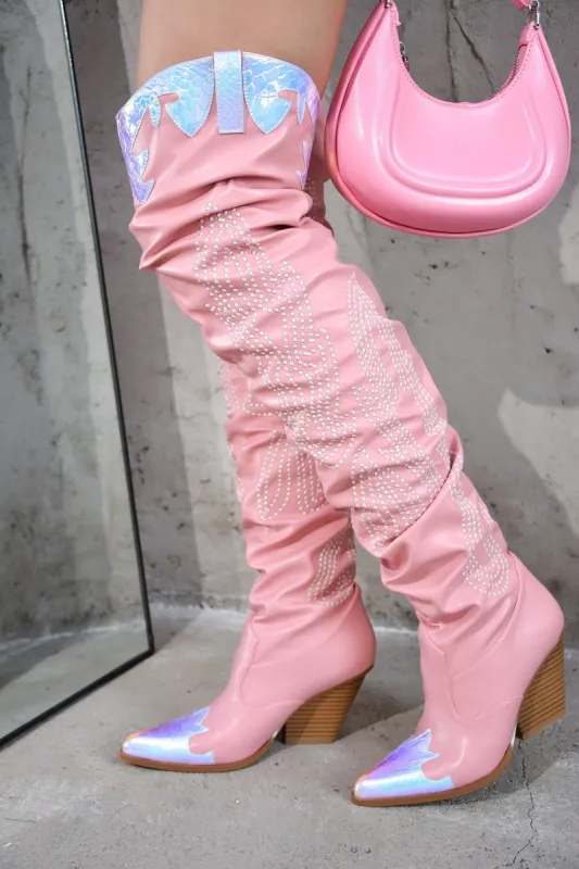 Icona Embroidery Thigh-High Cowboy Boots - Pink sold by Cape Robbin