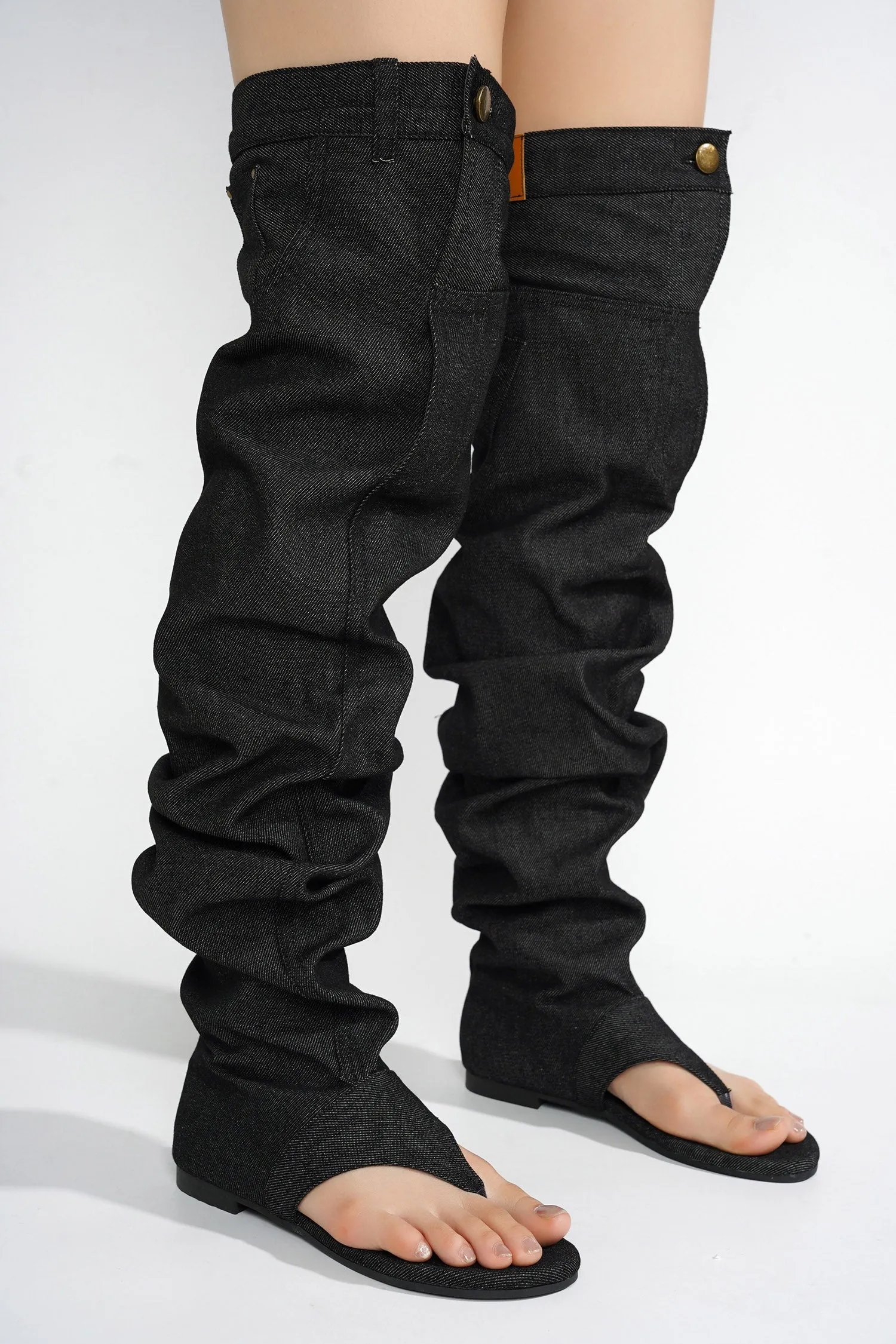 Malynda Denim Thigh-high Thong Sandals - Black sold by Cape Robbin product image thumbnail 3