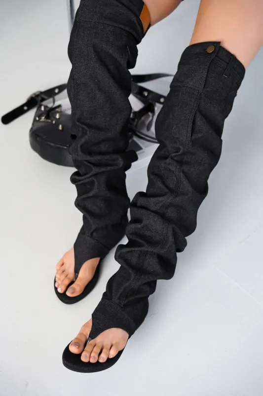 Malynda Denim Thigh-high Thong Sandals - Black sold by Cape Robbin