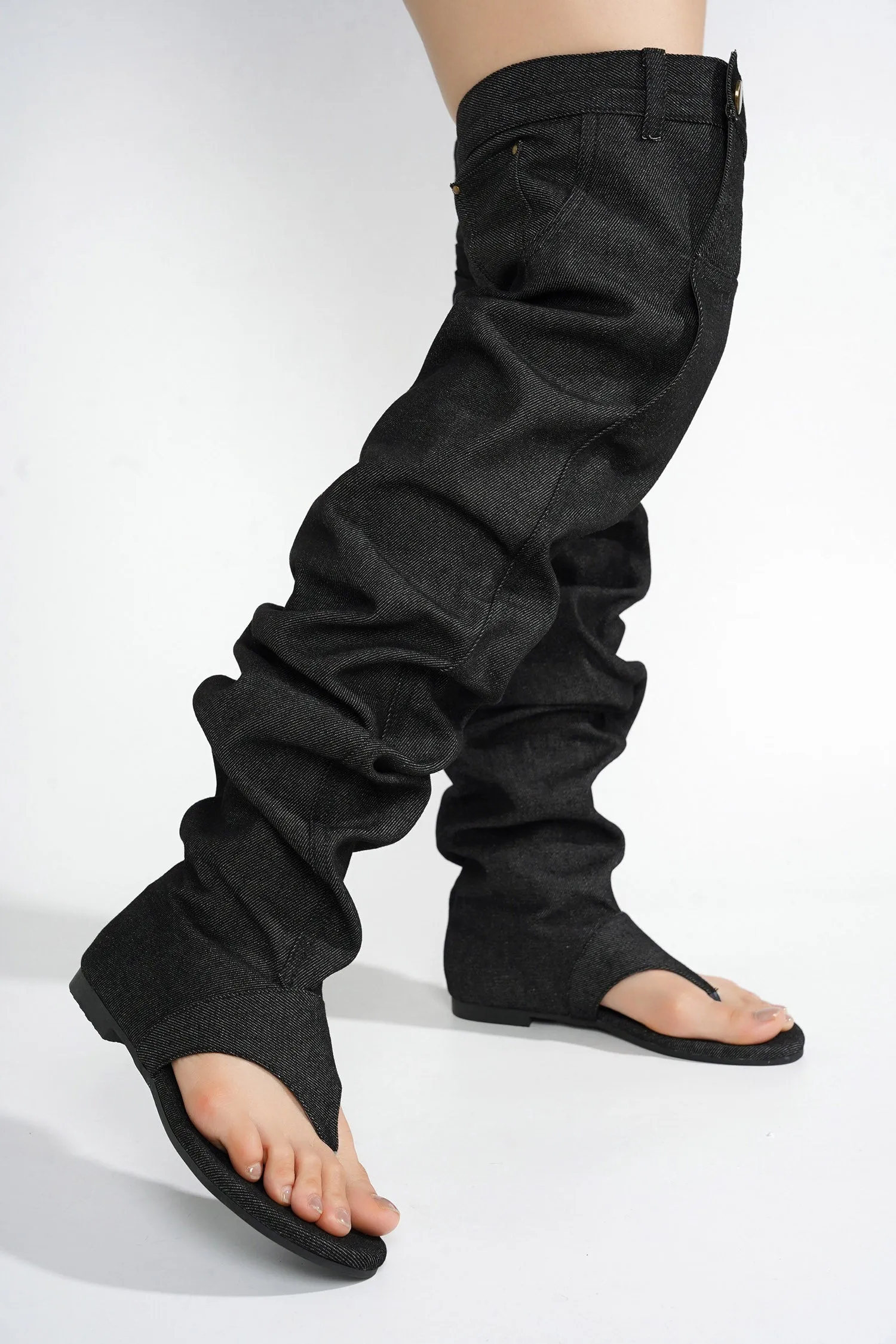 Malynda Denim Thigh-high Thong Sandals - Black sold by Cape Robbin product image thumbnail 4