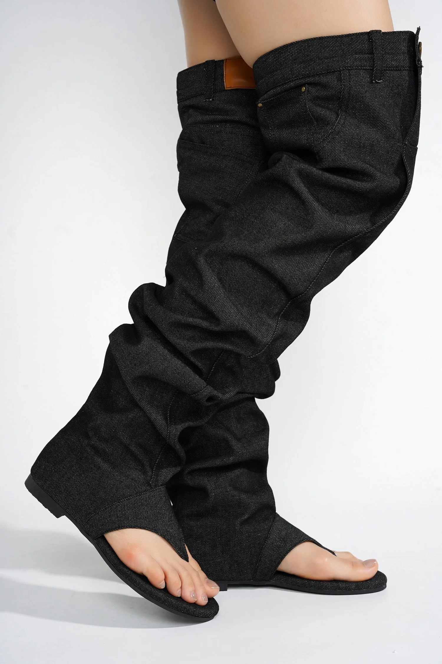 Malynda Denim Thigh-high Thong Sandals - Black sold by Cape Robbin product image thumbnail 2