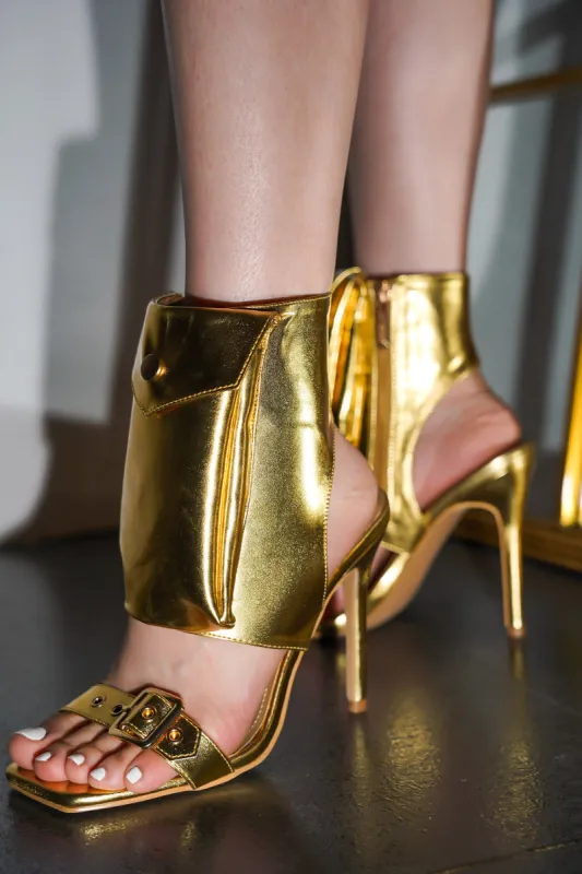 Eveleen Metallic Pouch Ankle Strap Square Toe Heels - Gold sold by Cape Robbin