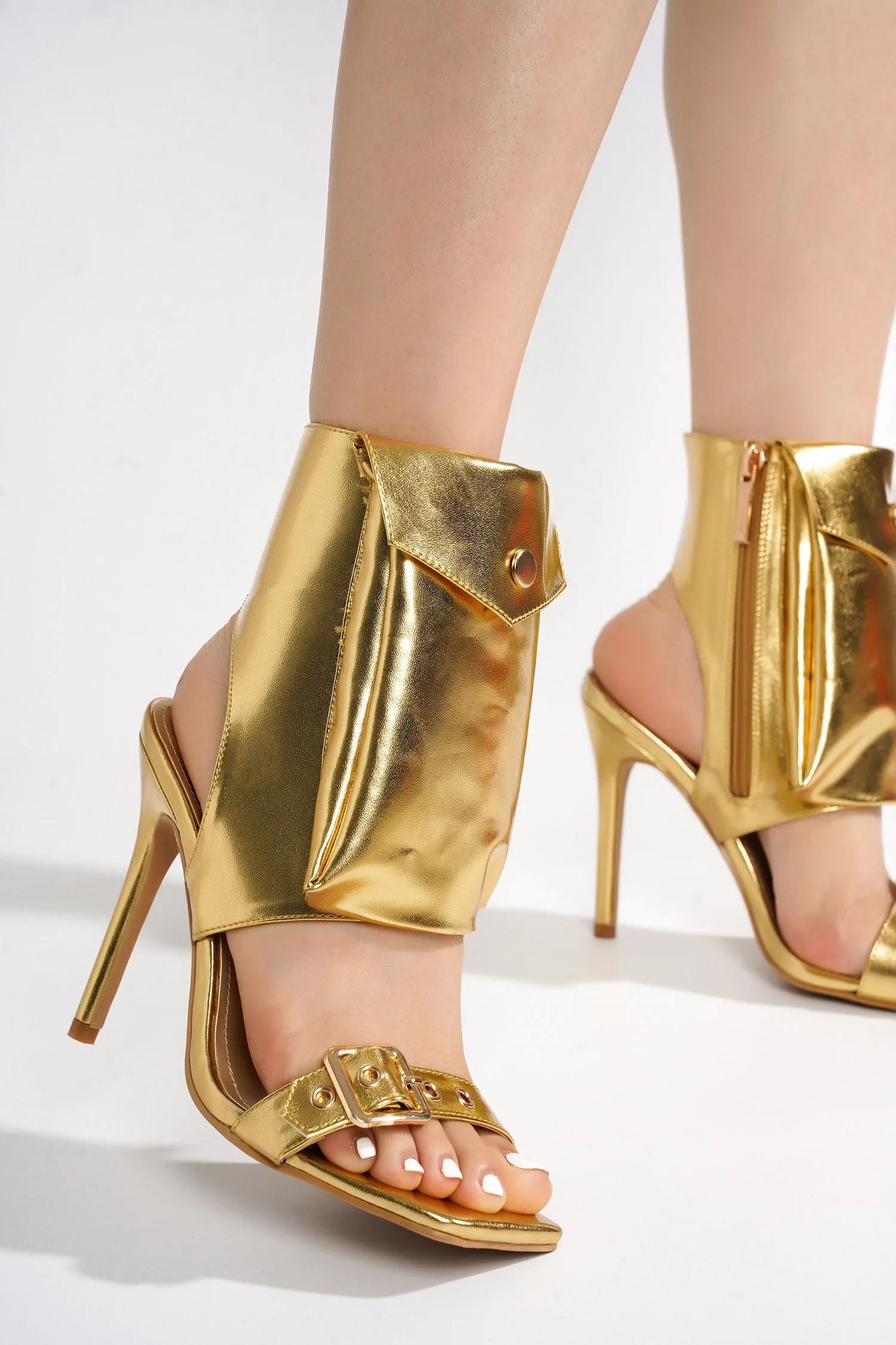 Eveleen Metallic Pouch Ankle Strap Square Toe Heels - Gold sold by Cape Robbin product image thumbnail 4