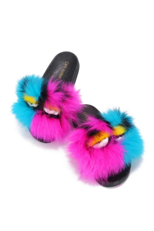 Mochi Fur Round Toe Flat Slider Sandals - Multi sold by Cape Robbin