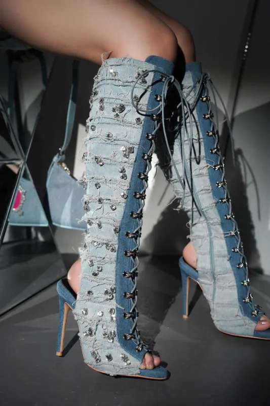 Renaissancee Peep Toe Knee-High Lace-Up Heels - Denim sold by Cape Robbin