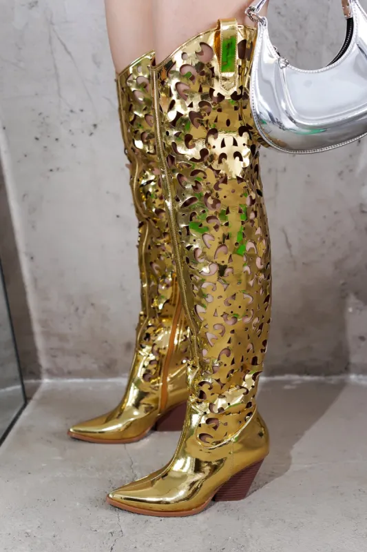 Stivale Thigh High Cowboy Block Heel Boots - Gold sold by Cape Robbin
