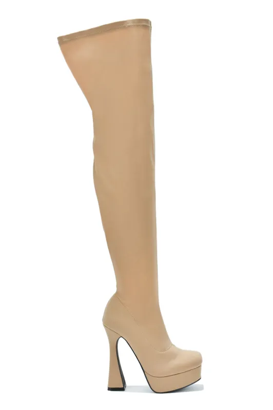 Cover Square Toe Thigh High Block Heels - Nude sold by Cape Robbin
