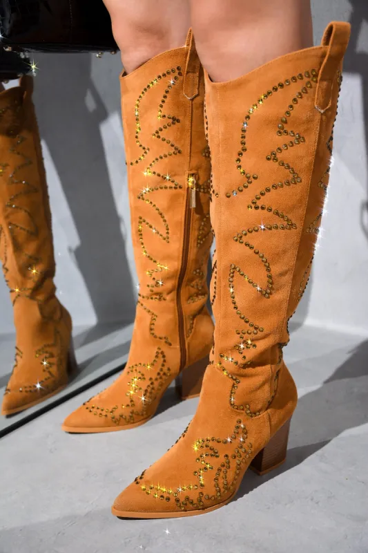 Tripoli Rhinestone Suede Cowboy Boots - Tan sold by Cape Robbin