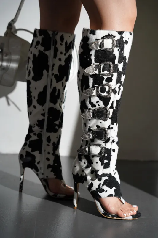 Elarahh Belt Buckle Open Round Toe Heel Boots - Cow sold by Cape Robbin