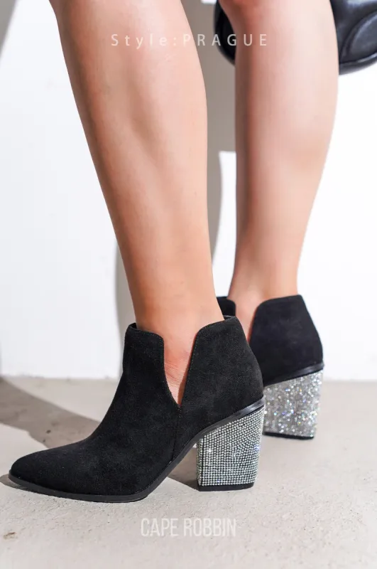 Prague Rhinestone Heel Suede Ankle Booties - Black sold by Cape Robbin