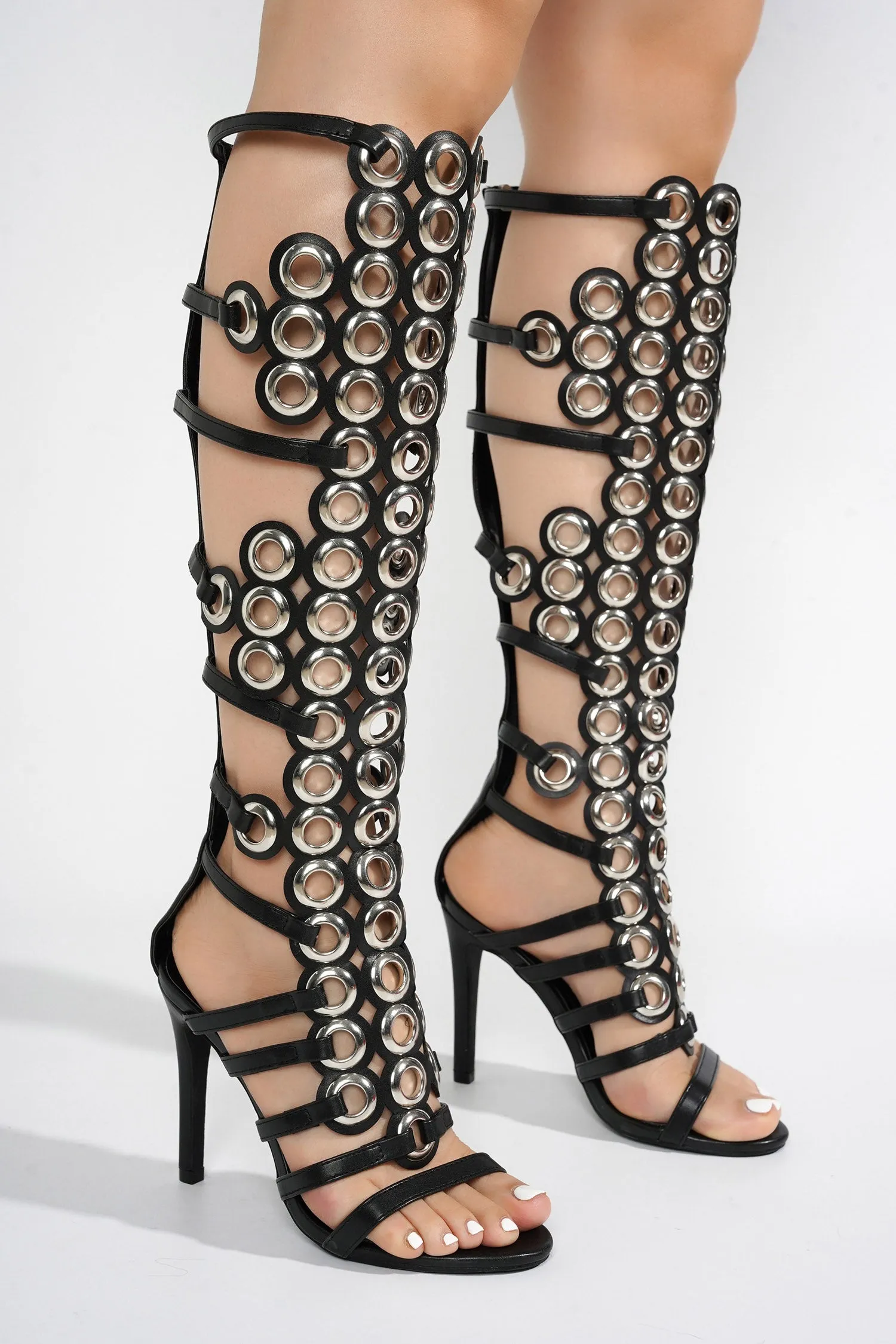 Lalalyn Grommets Round Toe Knee-High Heels - Black sold by Cape Robbin product image thumbnail 3