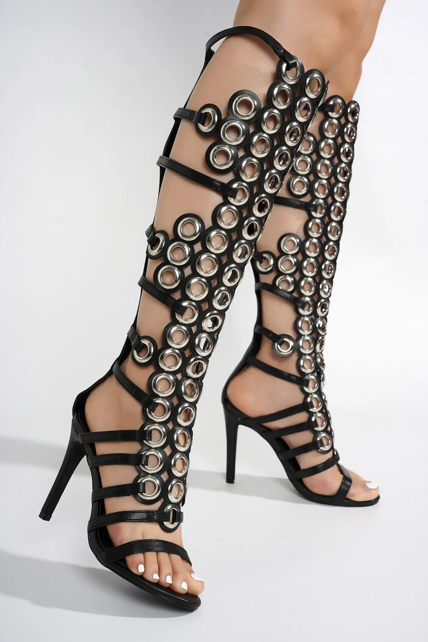 Lalalyn Grommets Round Toe Knee-High Heels - Black sold by Cape Robbin product image thumbnail 4