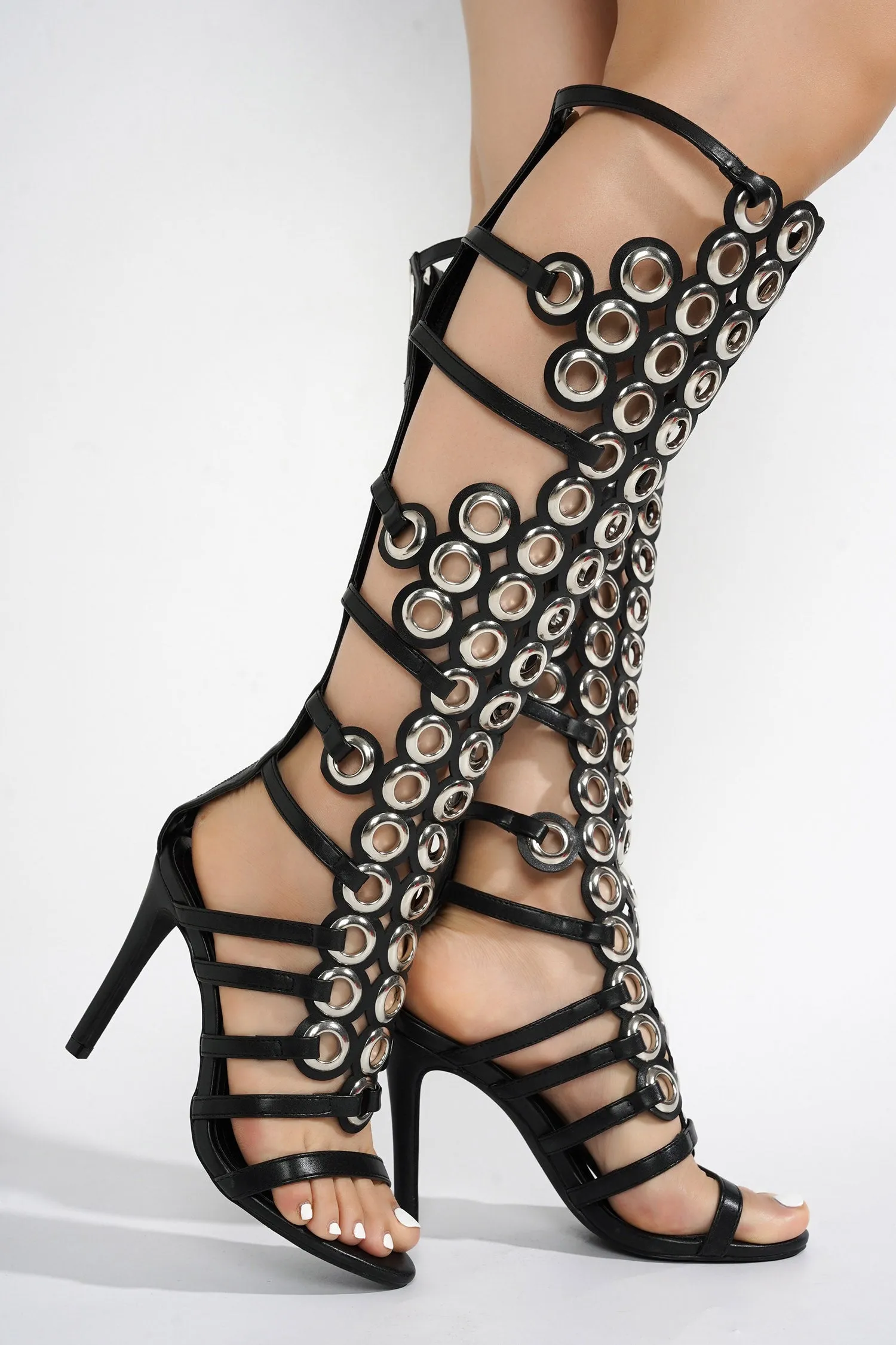 Lalalyn Grommets Round Toe Knee-High Heels - Black sold by Cape Robbin product image thumbnail 2