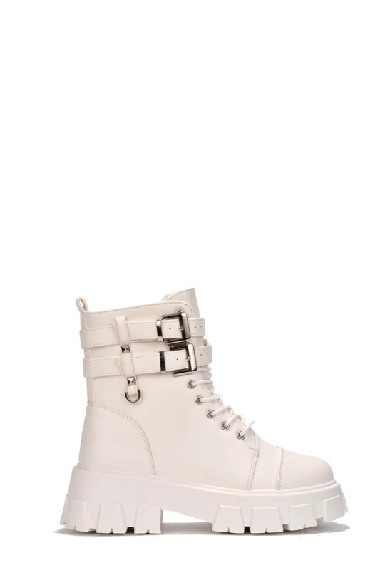 Sura Round Toe Lug Platform Combat Booties - Off White sold by Cape Robbin