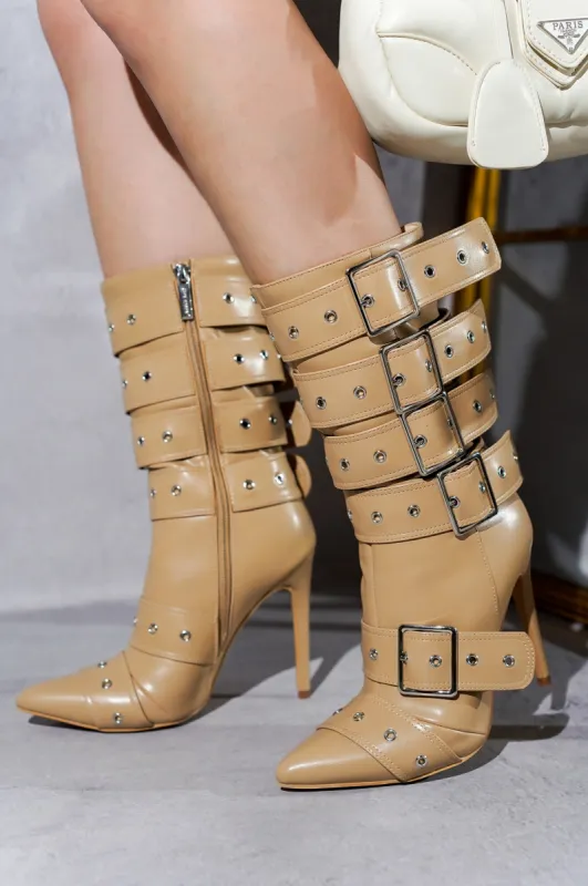 Joonie Skinny High Heel Buckle Decor Booties - Nude Pu sold by Cape Robbin