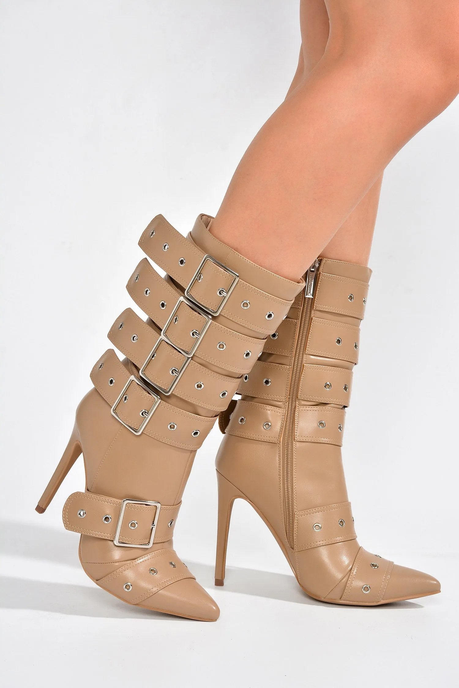 Joonie Skinny High Heel Buckle Decor Booties - Nude Pu sold by Cape Robbin product image thumbnail 3