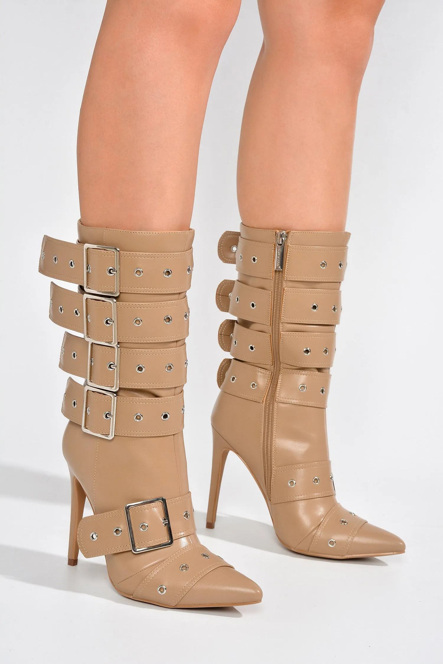 Joonie Skinny High Heel Buckle Decor Booties - Nude Pu sold by Cape Robbin product image thumbnail 4