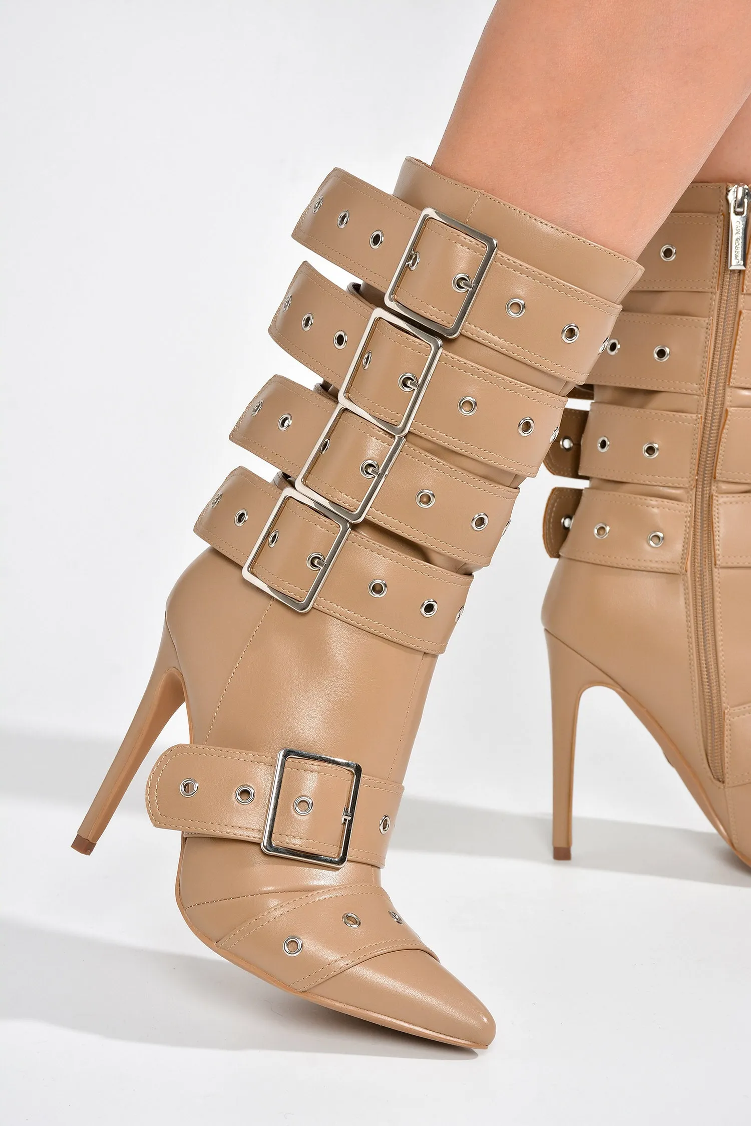 Joonie Skinny High Heel Buckle Decor Booties - Nude Pu sold by Cape Robbin product image thumbnail 5