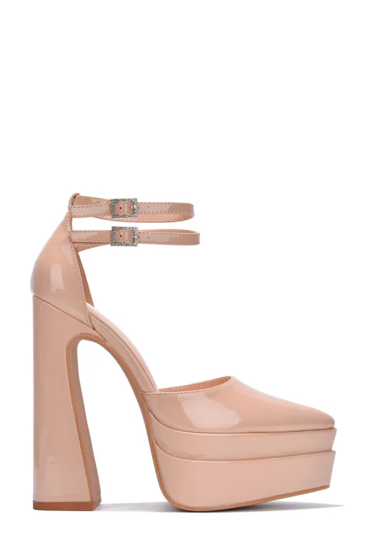 Gimmick Point Toe High Block Heels - Nude sold by Cape Robbin