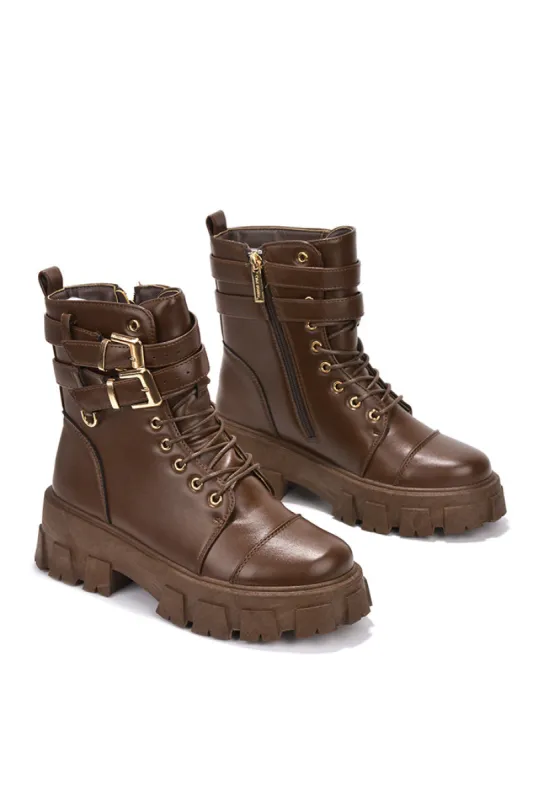 Sura Round Toe Lug Platform Combat Booties - Brown sold by Cape Robbin