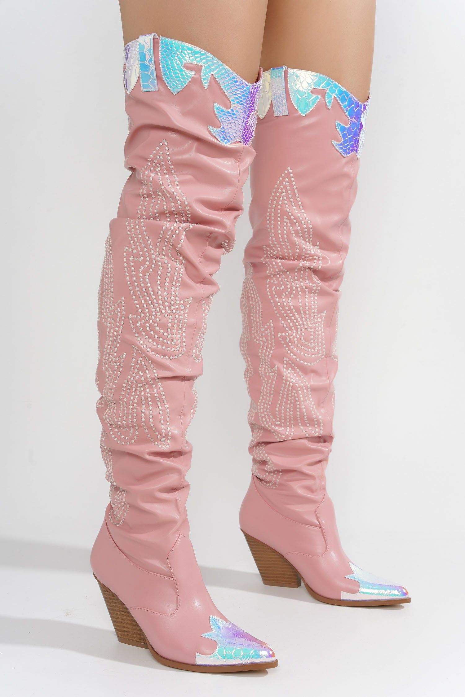 Icona Embroidery Thigh-High Cowboy Boots - Pink sold by Cape Robbin product image thumbnail 5