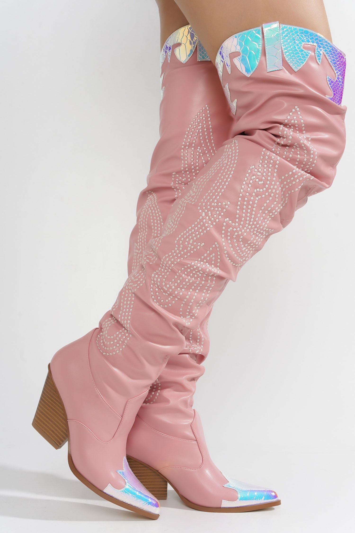 Icona Embroidery Thigh-High Cowboy Boots - Pink sold by Cape Robbin product image thumbnail 4