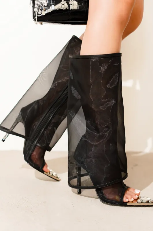 Nao Fold Over Mesh Rhinestone High Heels - Black sold by Cape Robbin