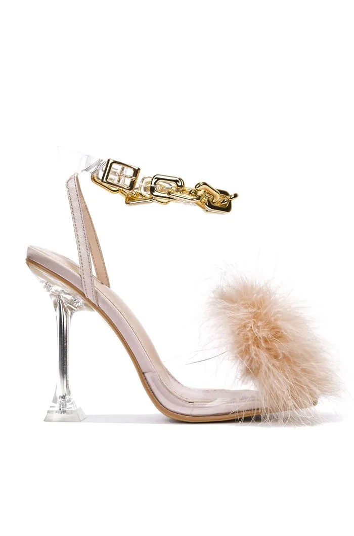 Corazon Feather Square Toe Clear High Heel - Nude sold by Cape Robbin