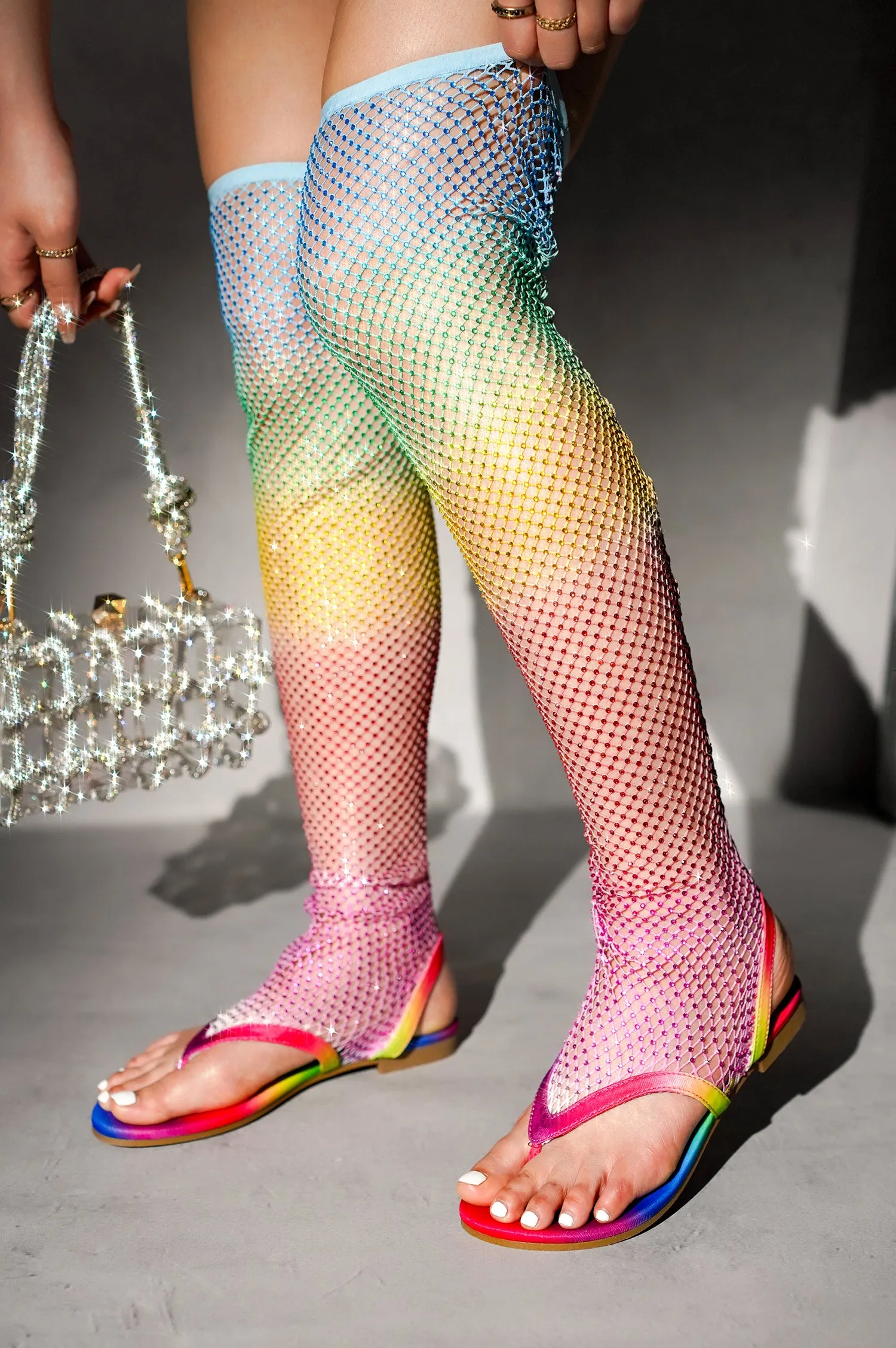 Hude Rhinestone Mesh Thigh High Flat Sandals - Multi sold by Cape Robbin